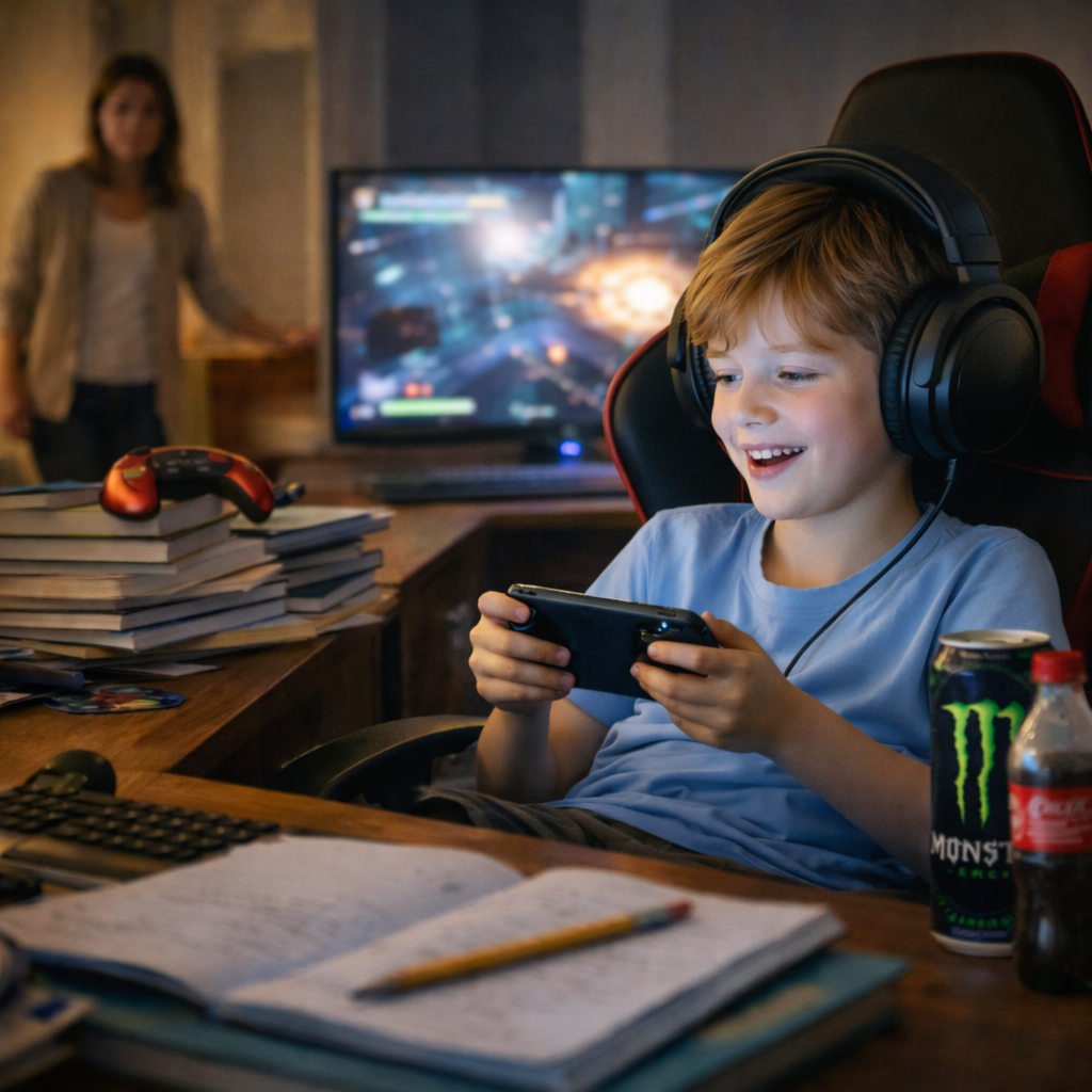 A child avoiding homework, procrastinating, and withdrawing into screens — a compassionate scene showing the child seeking safety.